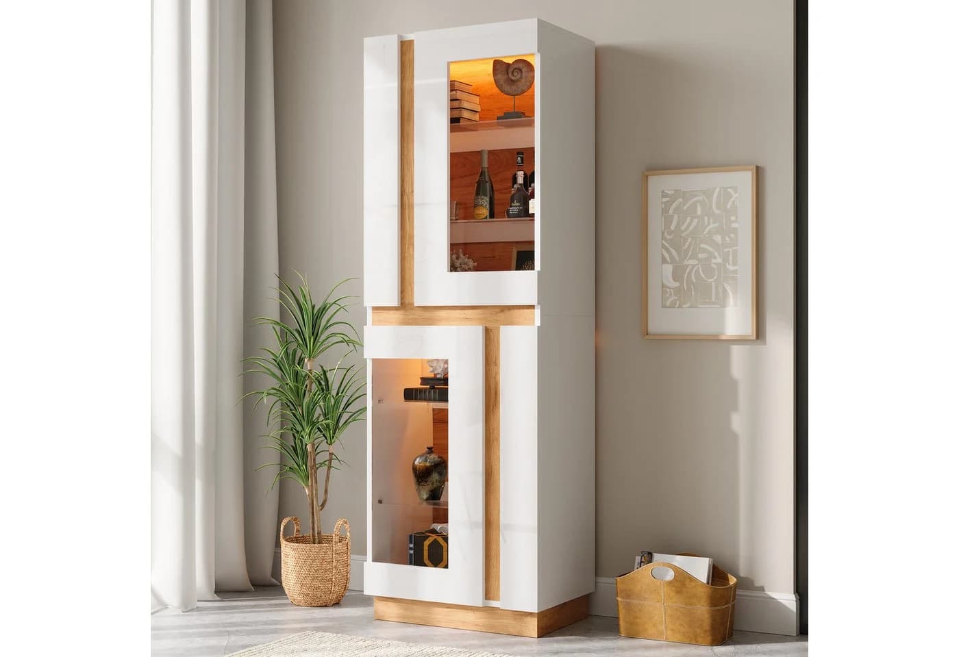 Merax Vitrinenschrank mit LED-Beleuchtung & APP-Steuerung, Weiß - Bild 2