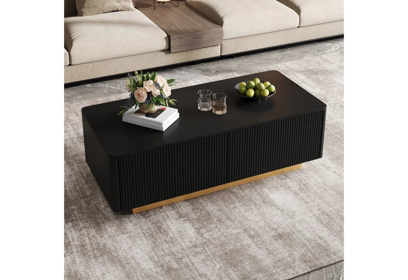 Merax Couchtisch Schwarz mit 2 Schubladen und geriffelter Front - Bild 4