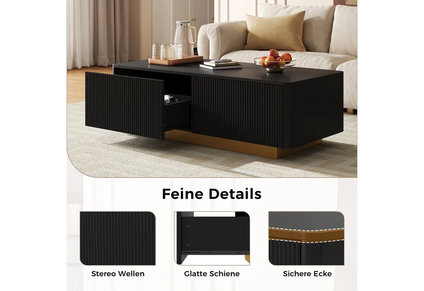 Merax Couchtisch Schwarz mit 2 Schubladen und geriffelter Front - Bild 5