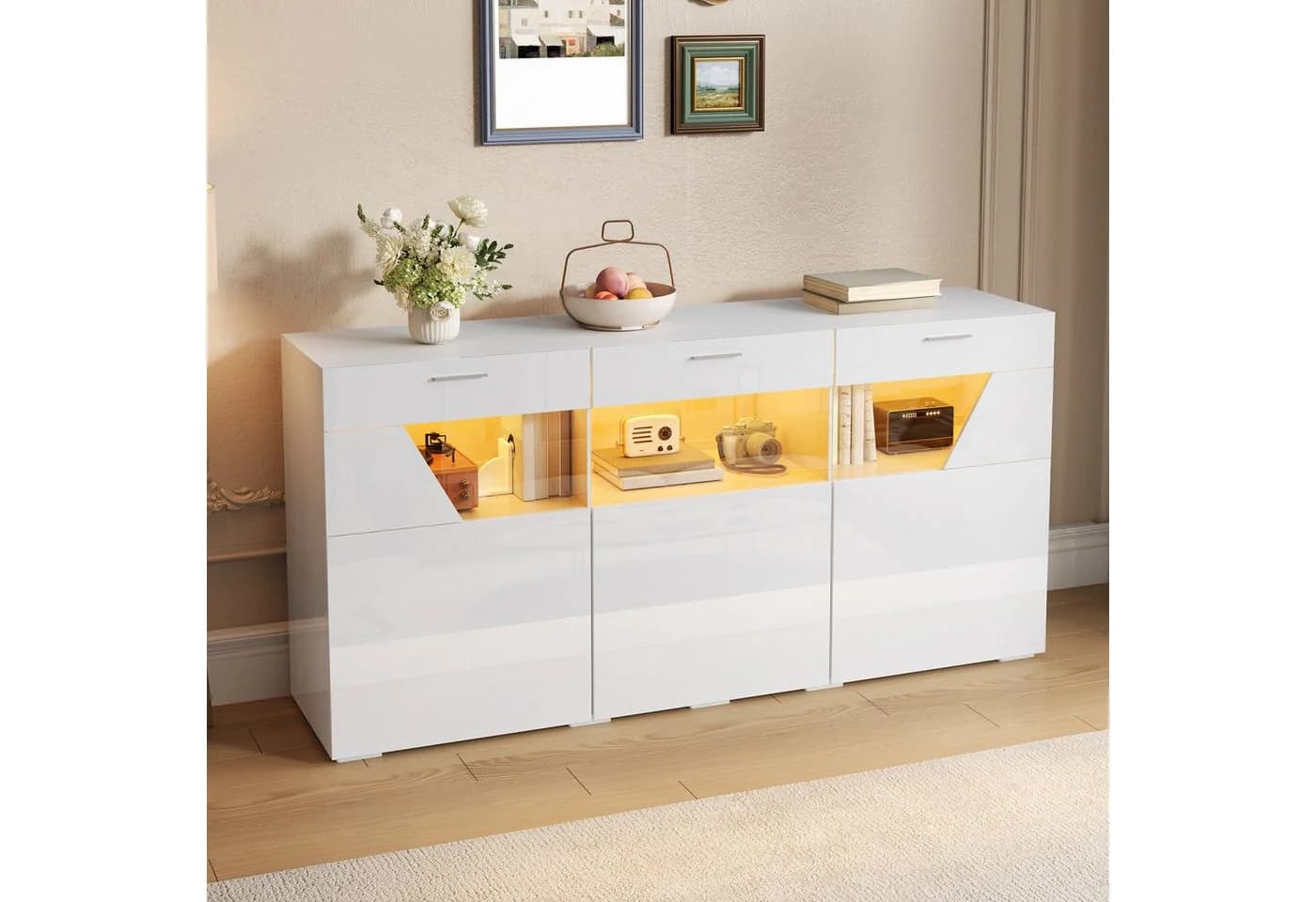 Merax Sideboard 160 cm Weiß/Schwarz mit Glasfront & LED - Bild 3