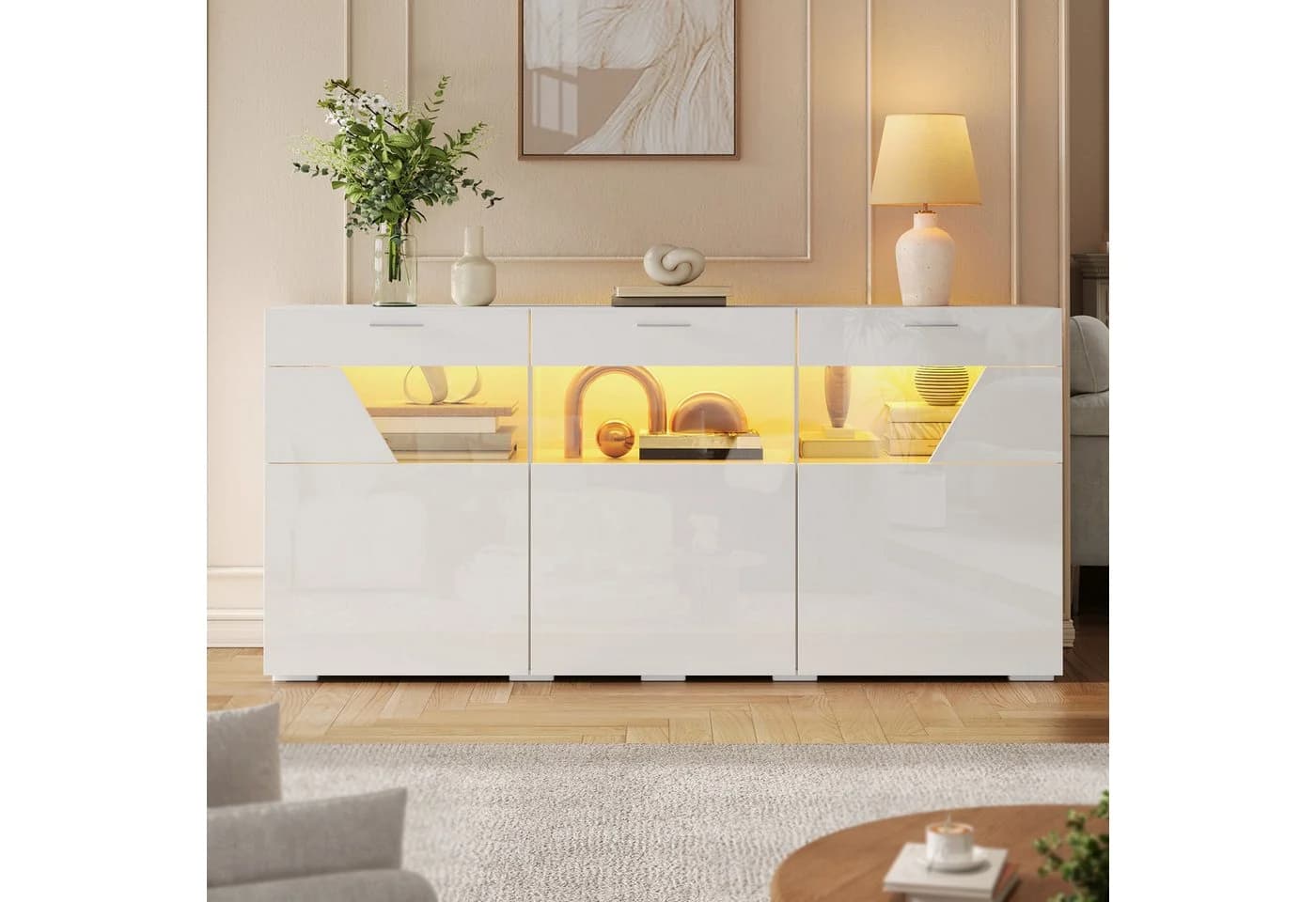 Merax Sideboard 160 cm Weiß/Schwarz mit Glasfront & LED - Bild 4