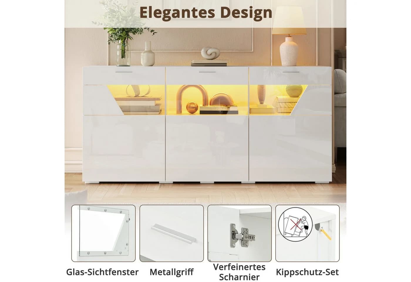 Merax Sideboard 160 cm Weiß/Schwarz mit Glasfront & LED - Bild 5
