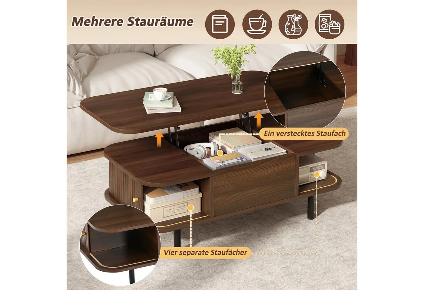 Merax Höhenverstellbarer Couchtisch mit Hubfunktion & Stauraum Braun - Bild 5