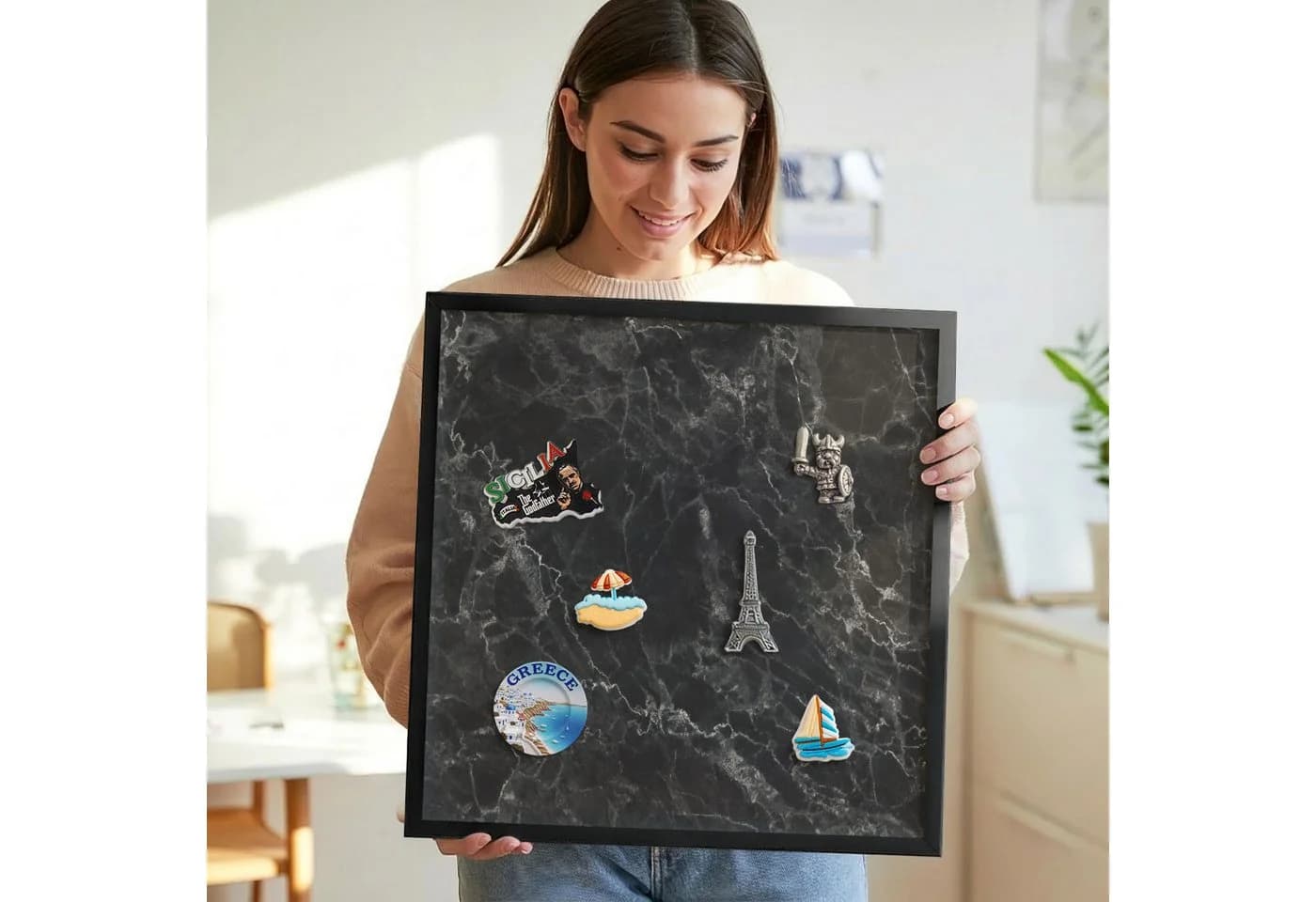 Tulup Magnettafel Dekorative Tafel mit Rahmen Schwarzer Marmor