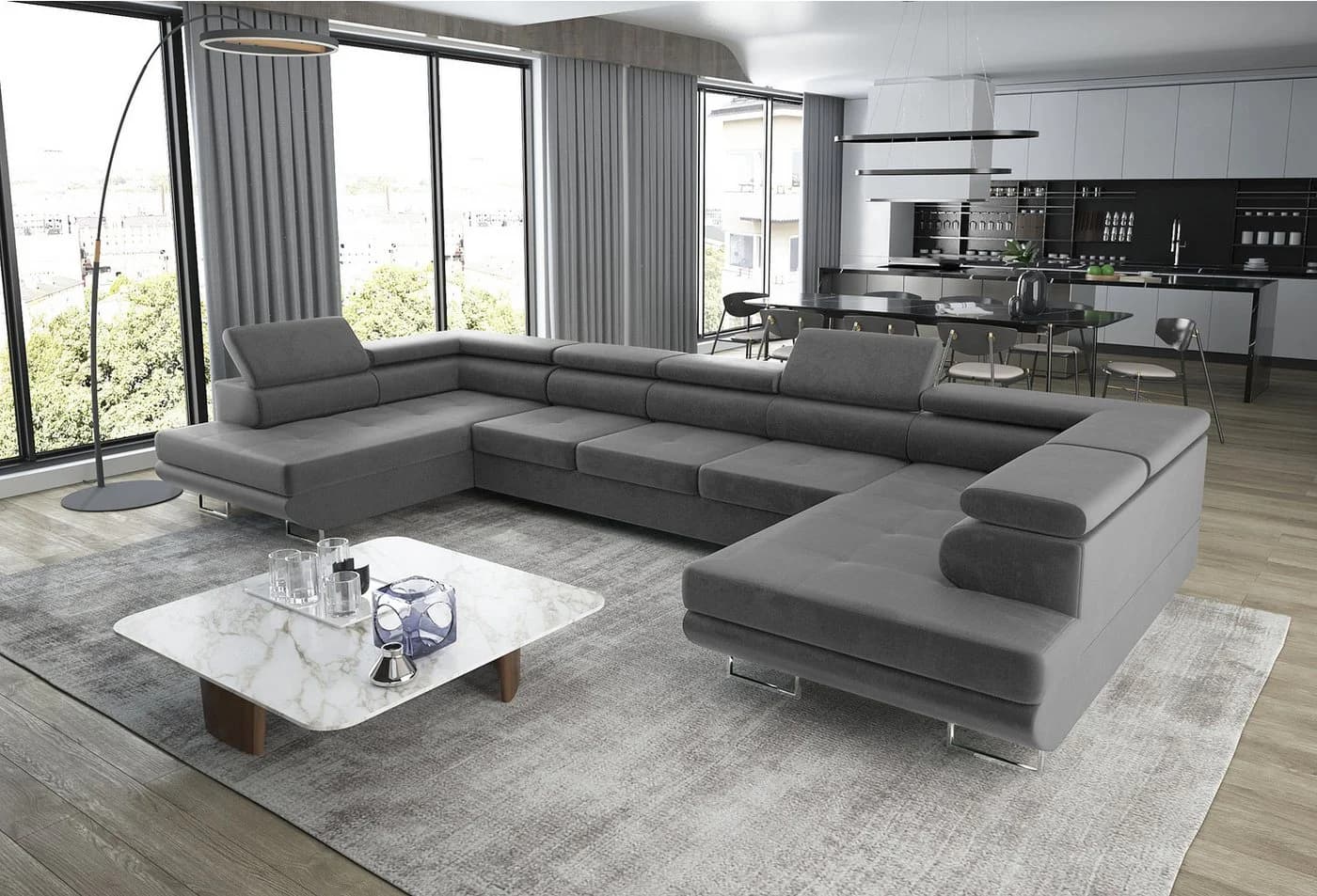 Goldstoff Wohnlandschaft "ASTON" U-Form Grau mit Schlaffunktion & Bettkasten - Bild 2