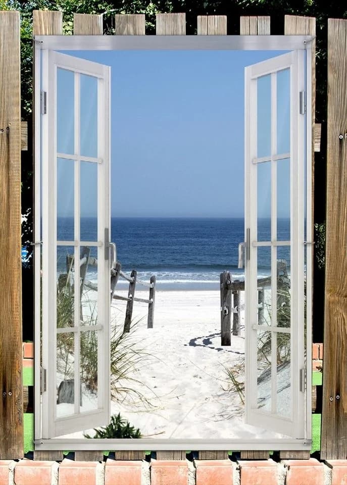 Wallario Sichtschutzzaunmatte Strand-Motiv mit Fenster-Illusion