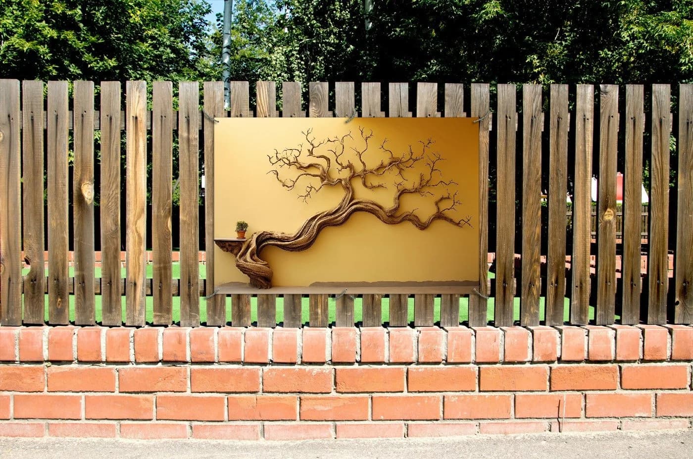 Wallario Sichtschutzzaunmatte Lebensbaum Skulptur Gelb - Bild 3