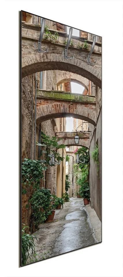 Wallario Garderobenpaneel Grüne italienische Gasse mit alten Bögen Holz