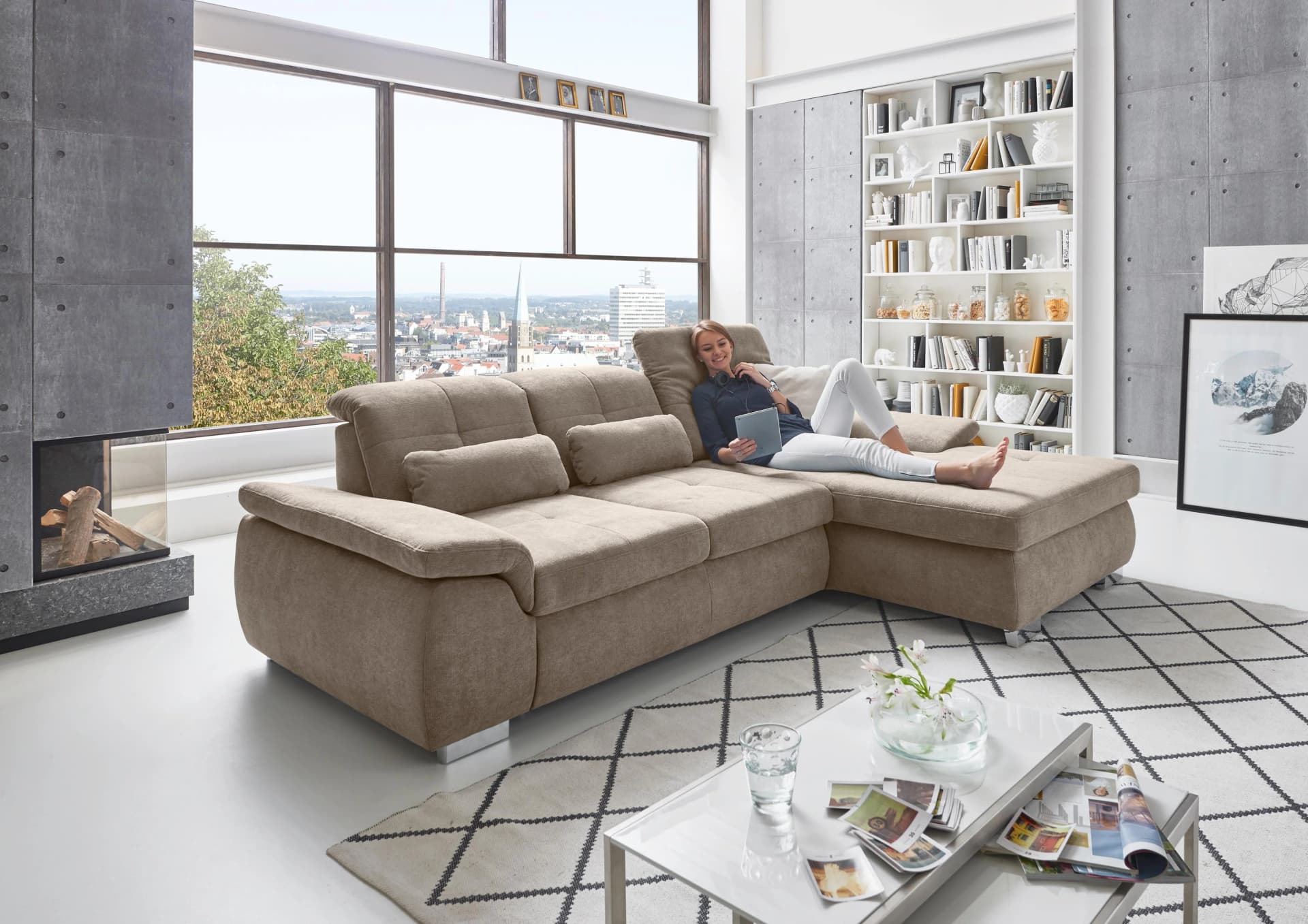 Ecksofa DIE PLANBAR Mandel mit Bettfunktion und Sitztiefenverstellung