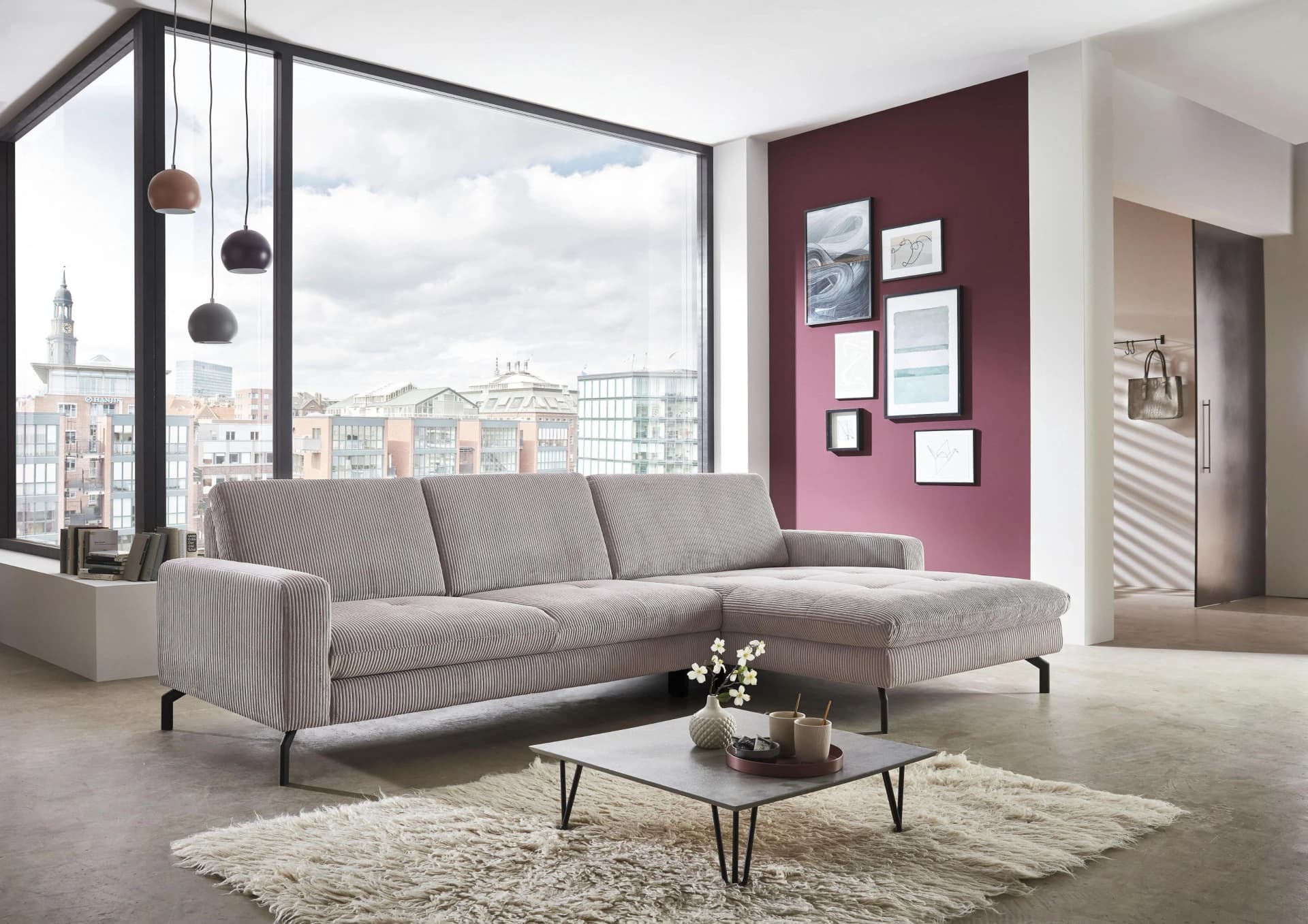 Ecksofa DIE PLANBAR Rosa L-Form Cord Federkern