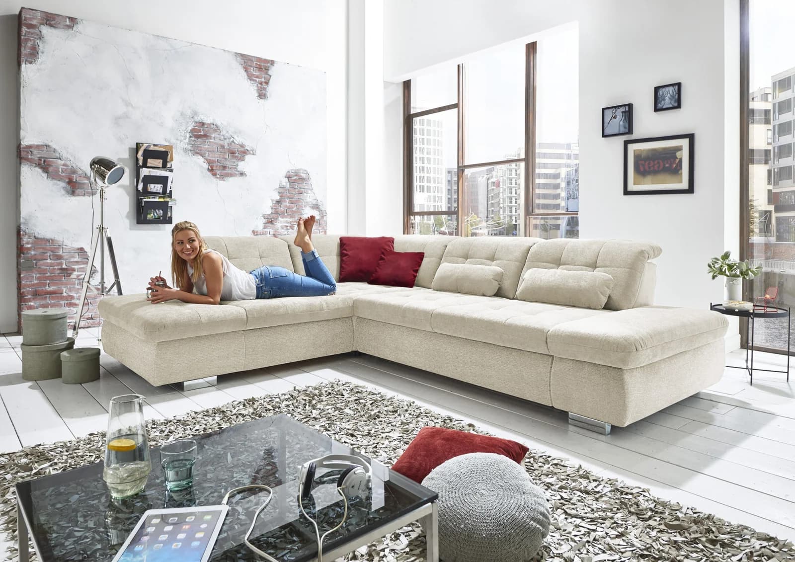 DIE PLANBAR Ecksofa L-Form olive mit Sitztiefenverstellung