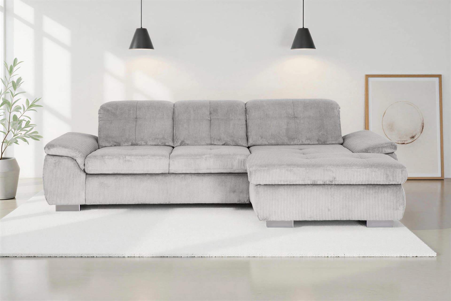 Ecksofa DIE PLANBAR mit Sitztiefenverstellung & Bettfunktion Cord Grau