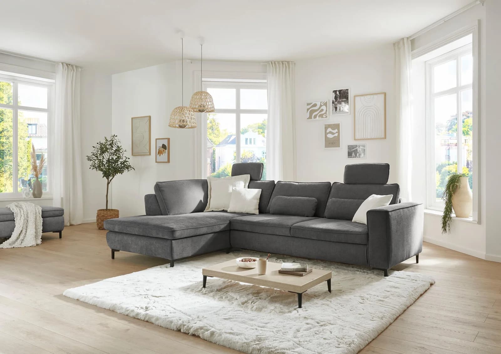 DIE PLANBAR Ecksofa L-Form grau Chenille mit Recamiere