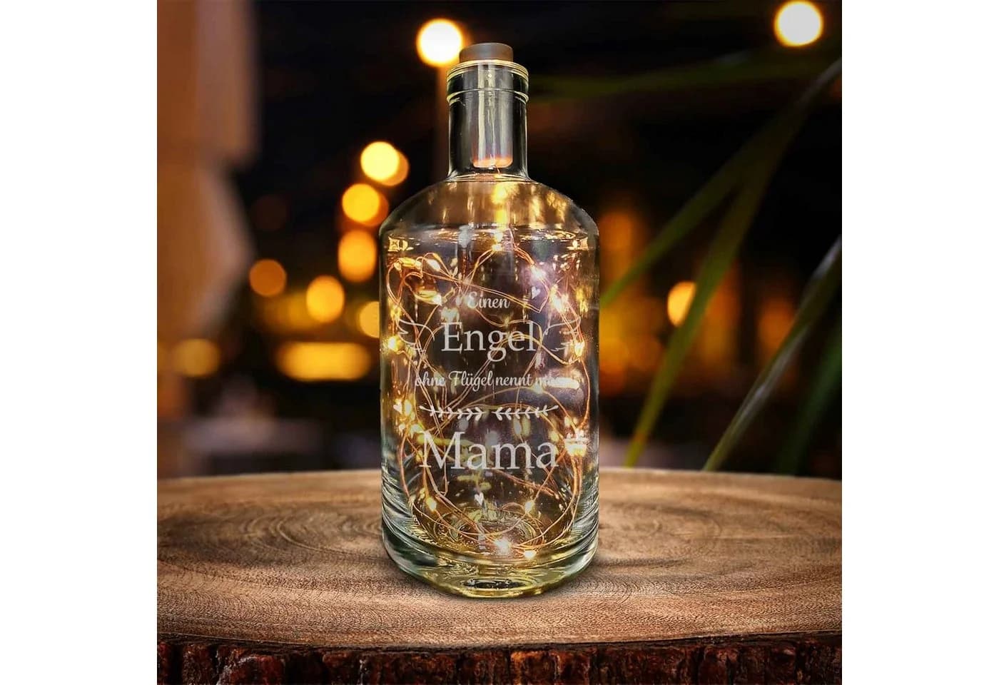 GRAVURZEILE Lichterkette Flasche mit Gravur Engel ohne Flügel nennt man Mama