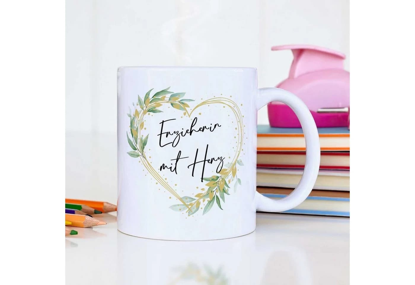 GRAVURZEILE Tasse Erzieherin mit Herz Weiß Keramik