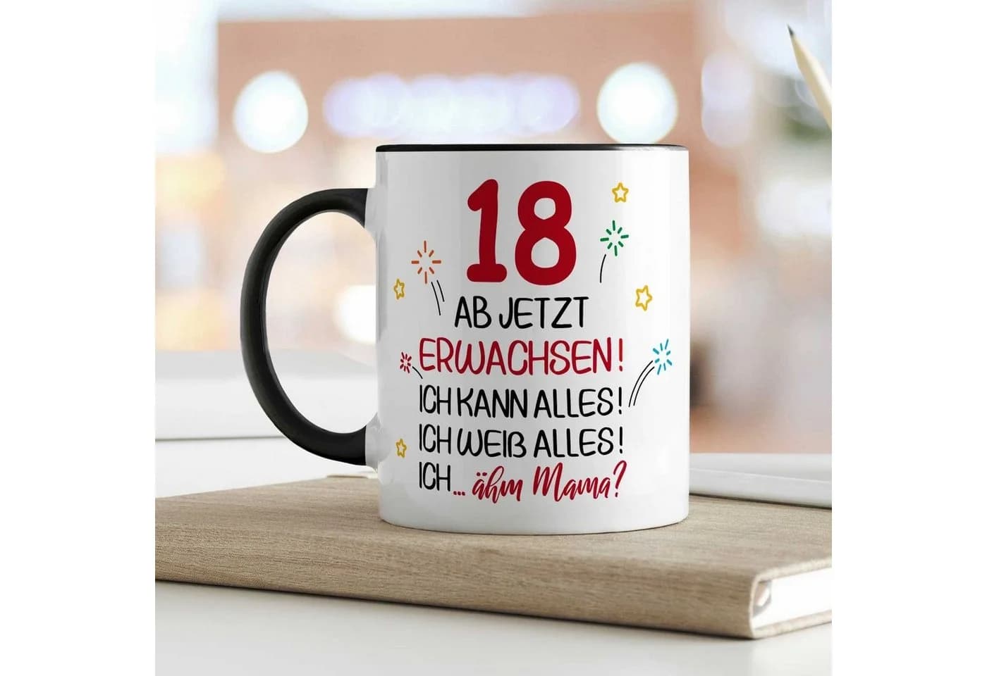 GRAVURZEILE Keramiktasse 18 ab jetzt erwachsen Schwarz/Weiß