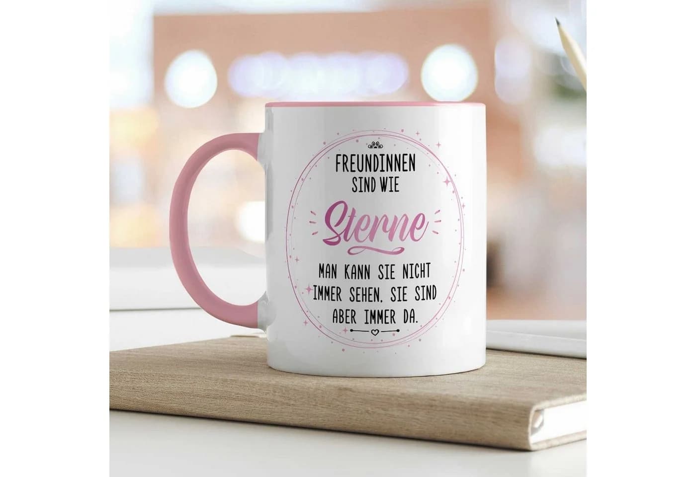 GRAVURZEILE Tasse bedruckt mit Spruch Freundinnen sind wie Sterne Rosa