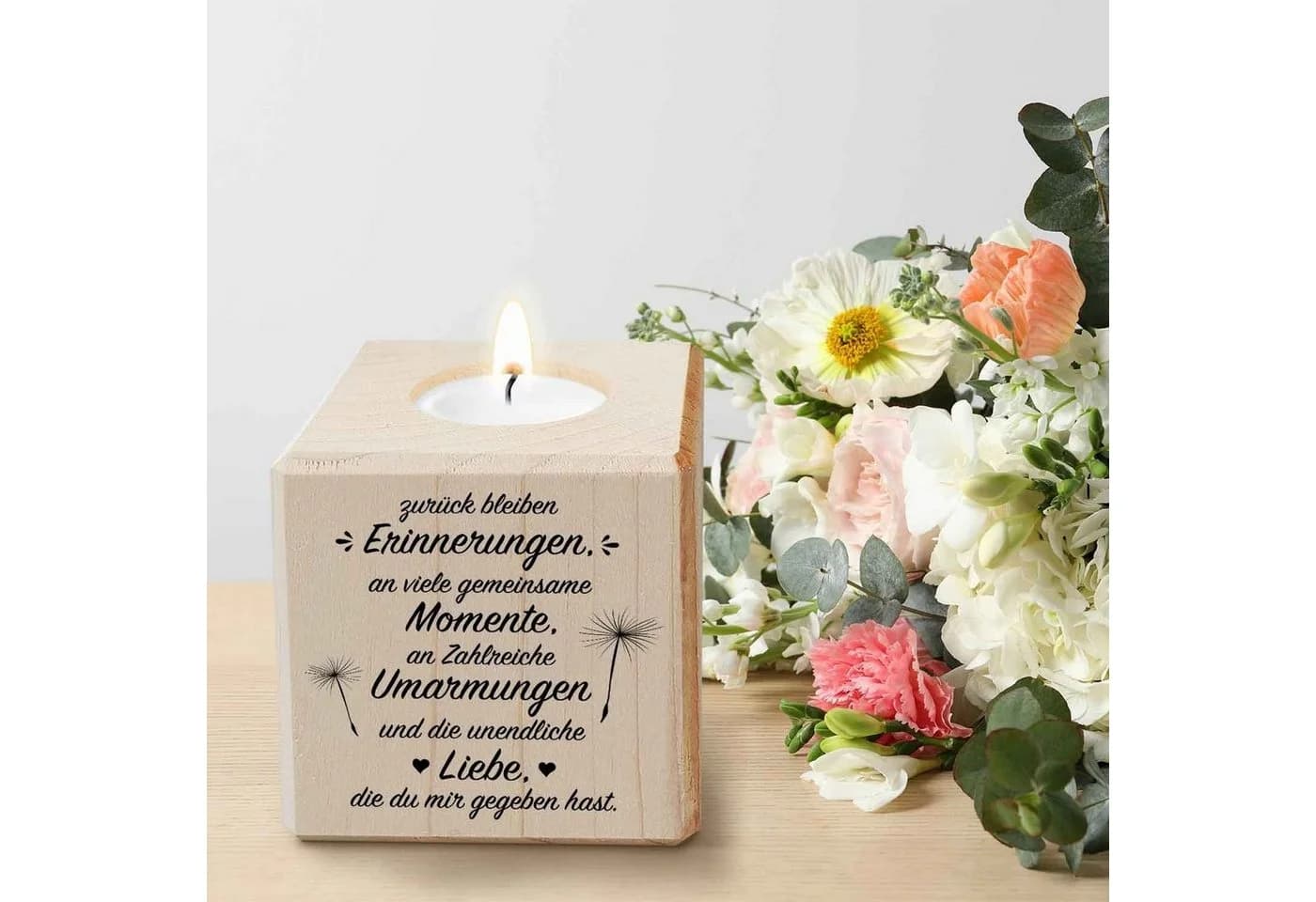 GRAVURZEILE Teelichthalter Holz Grabschmuck mit Gravur
