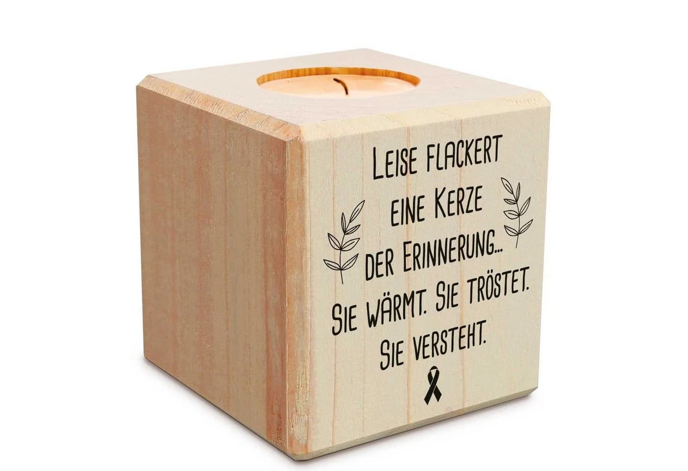 GRAVURZEILE Teelichthalter Holz 8x8x8cm mit Gravur - Grabschmuck Trauergeschenk - Bild 2