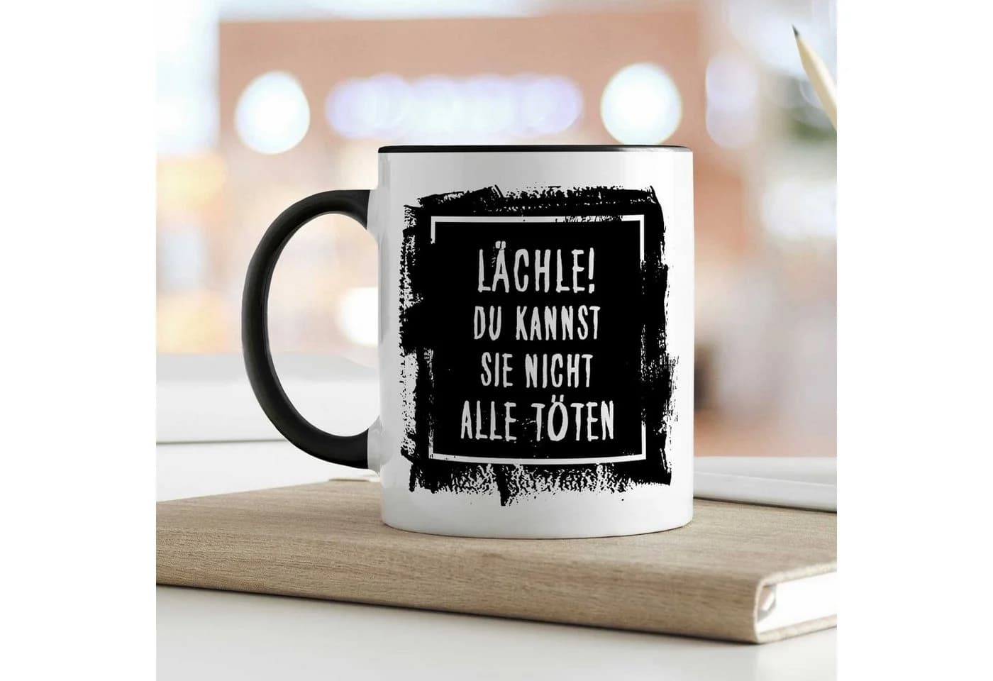 GRAVURZEILE Keramiktasse mit Spruch Schwarz/Weiß