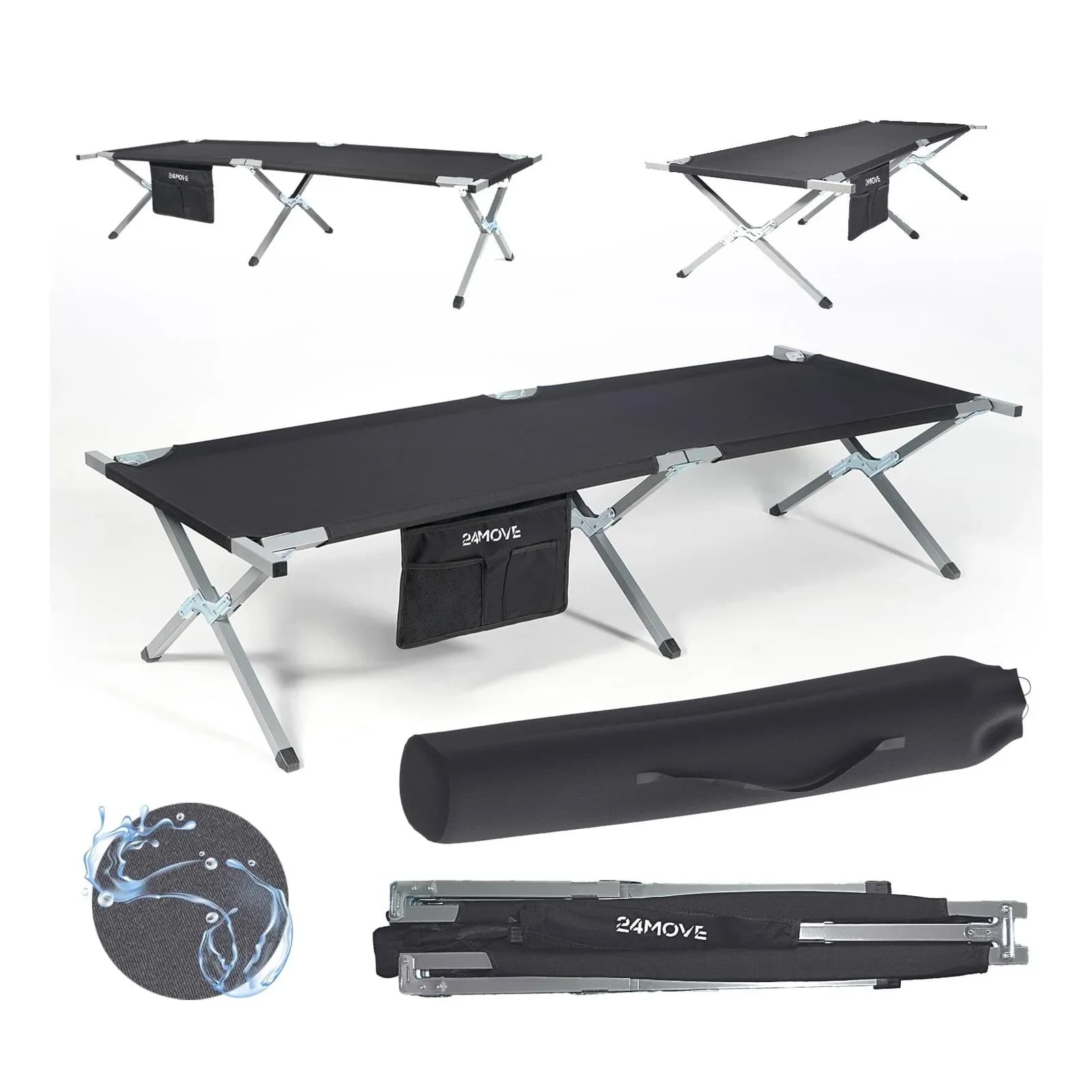 24Move Feldbett Campingbett Schwarz Wasserabweisend Klappbar