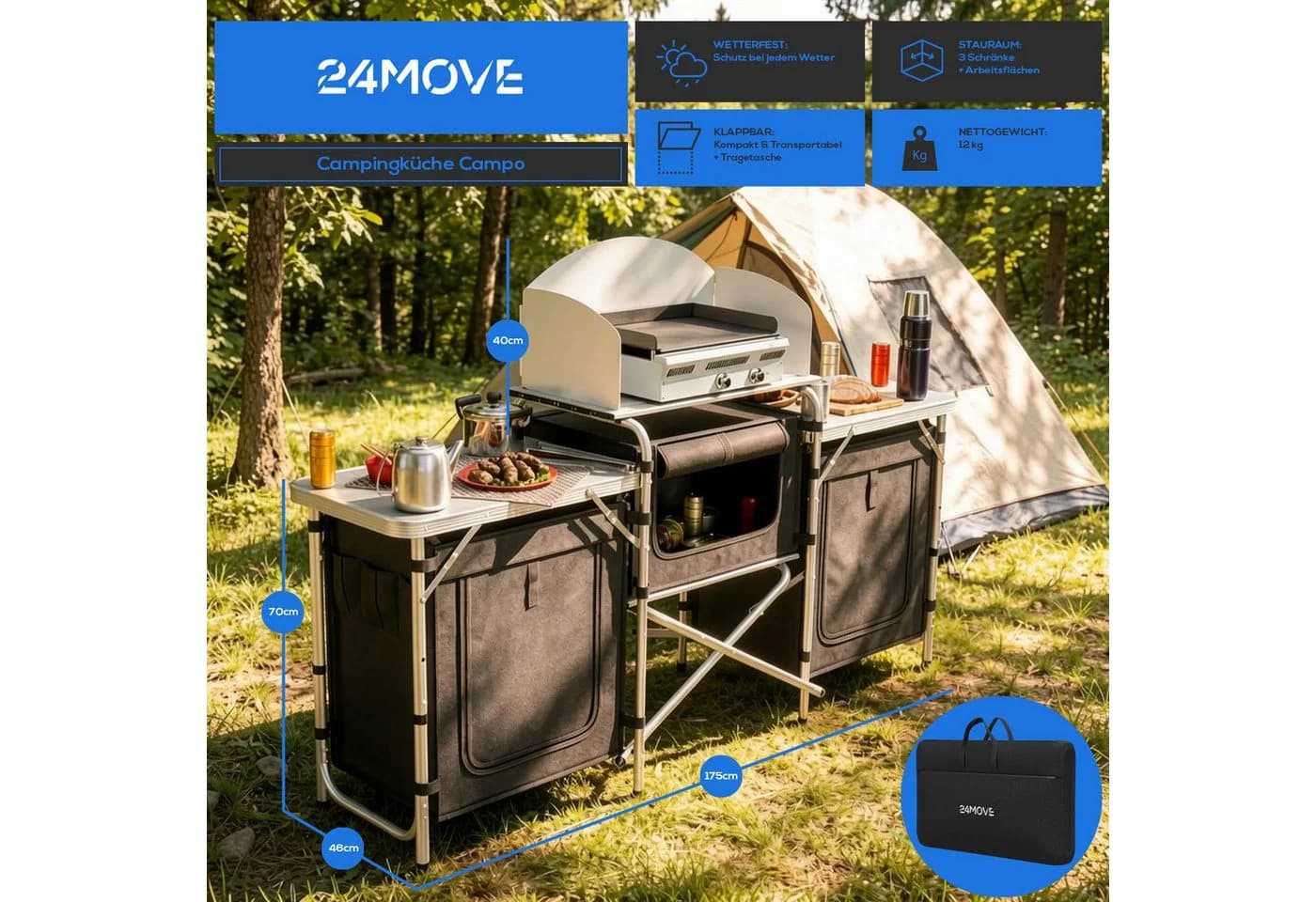 24Move Campingschrank CAMPO Faltbar Aluminium mit Windschutz und Tragetasche - Bild 4