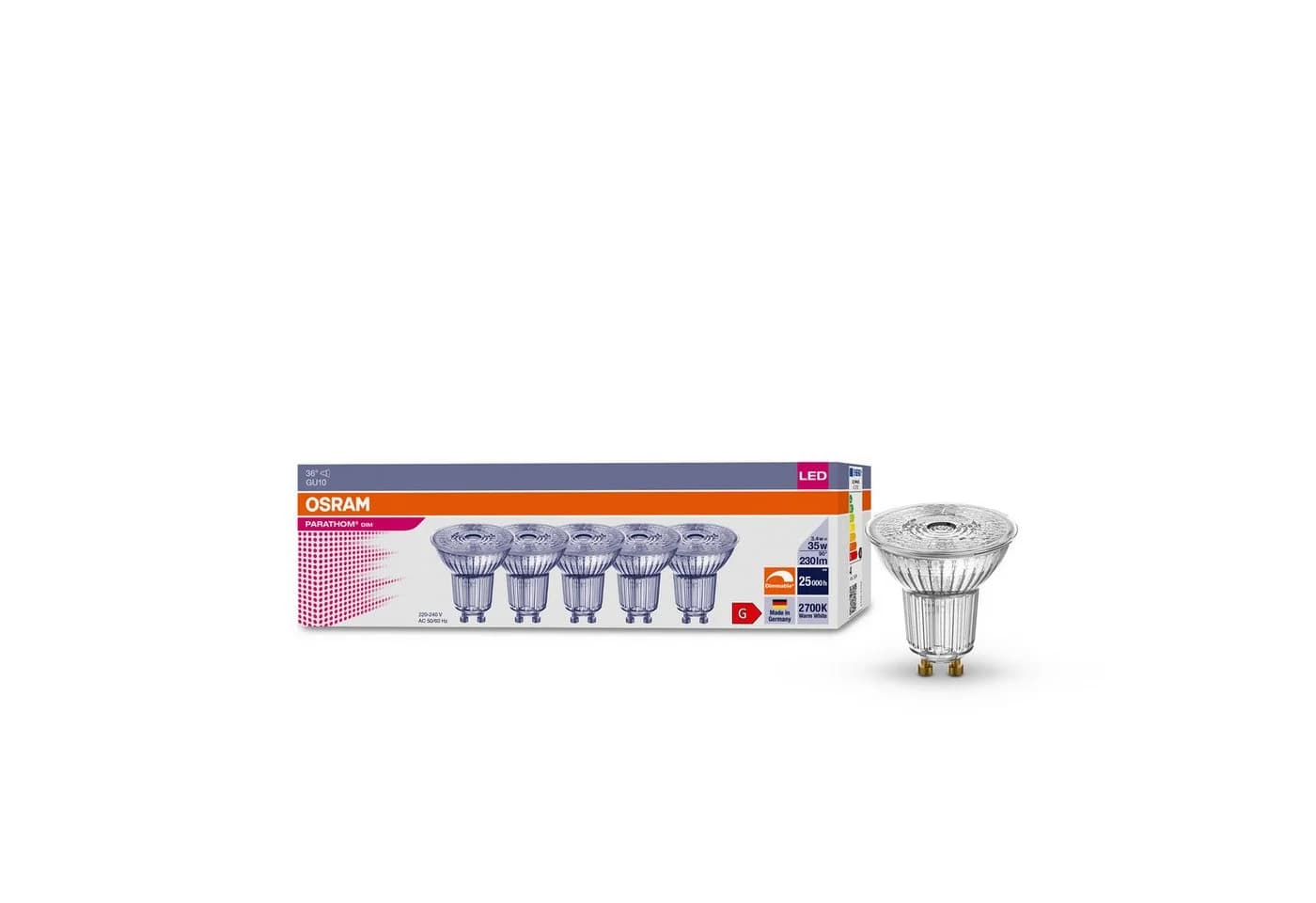 LEDVANCE LED-Leuchtmittel 5er OSRAM LED GU10 3,4W = 35W Reflektor 230lm 36° Warm 2700K DIMMBAR, GU10, Warmweiß - Bild 2