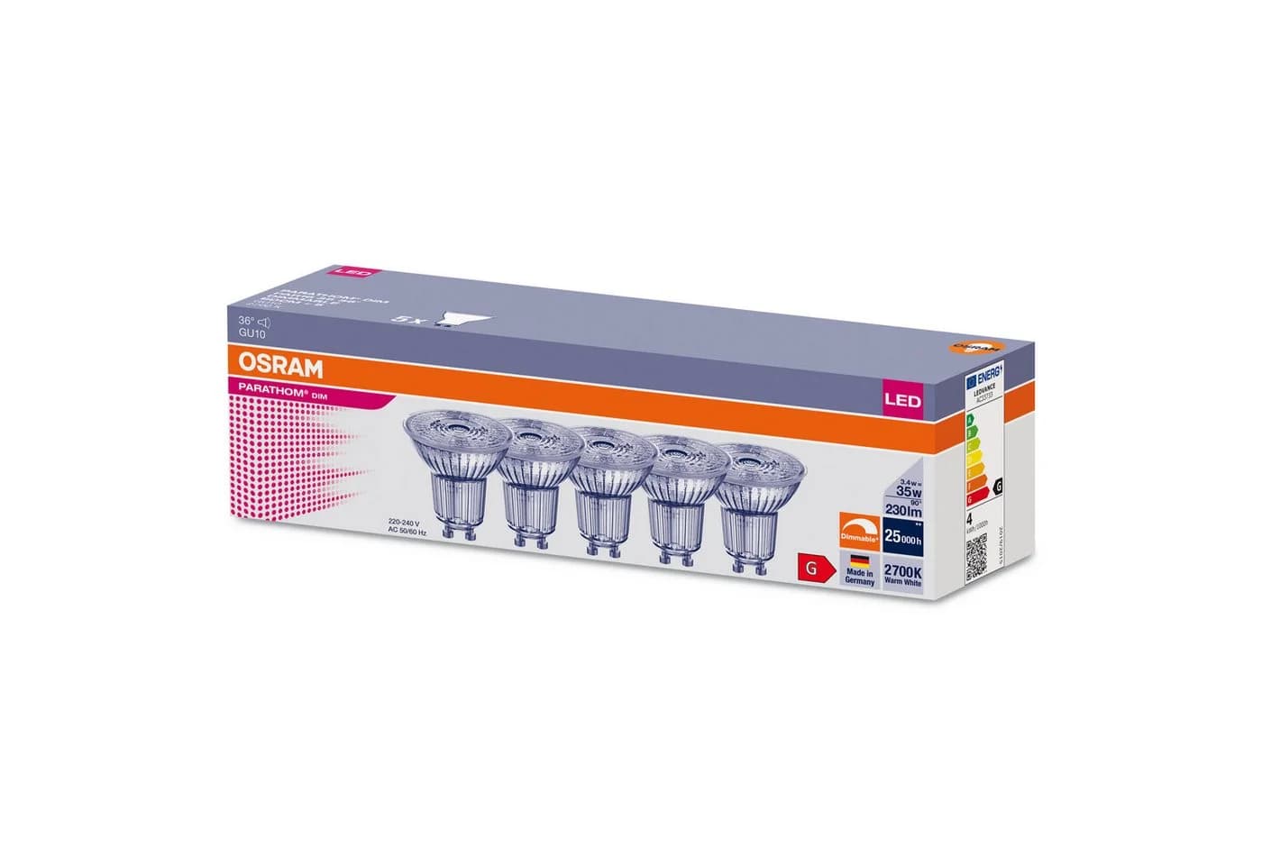 LEDVANCE LED-Leuchtmittel 5er OSRAM LED GU10 3,4W = 35W Reflektor 230lm 36° Warm 2700K DIMMBAR, GU10, Warmweiß - Bild 3
