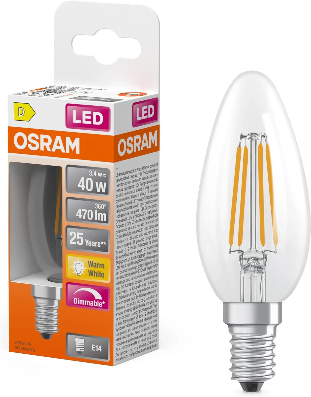 OSRAM LED Superstar Classic B 40 Filament DIM Kerzenform E14 Warmweiß Dimmbar