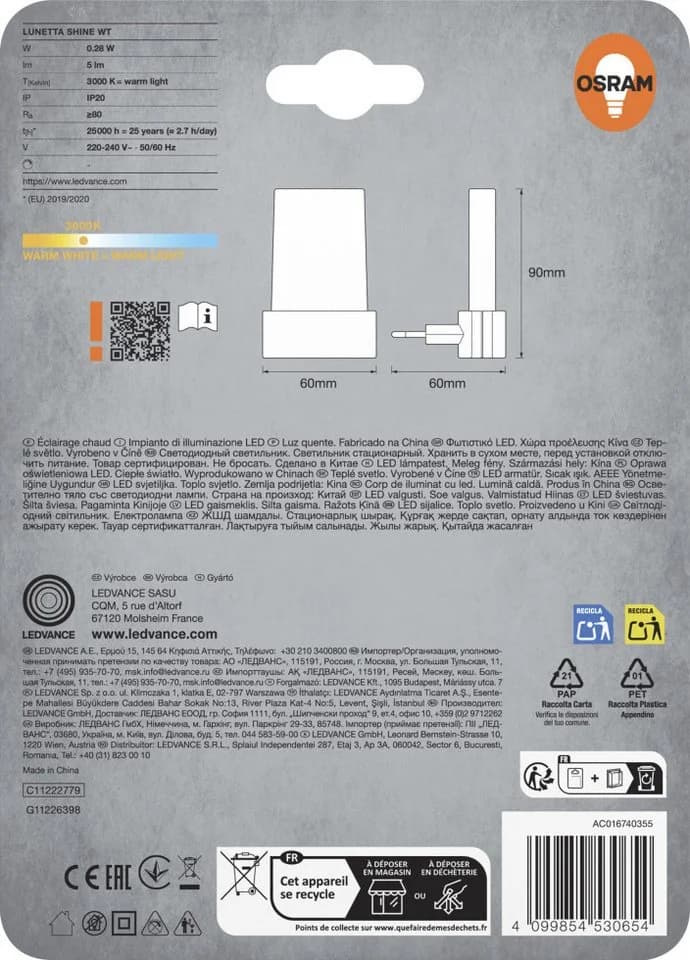 OSRAM LED-Steckdosennachtlicht LUNETTA SHINE, 3.000 K, weiß