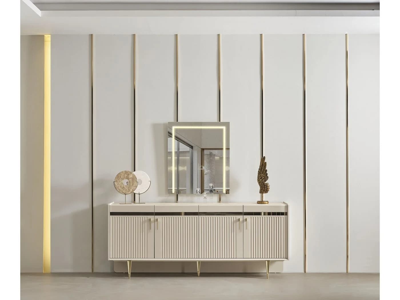 Villa Möbel Sideboard Tesla Creme Goldoptik Modern