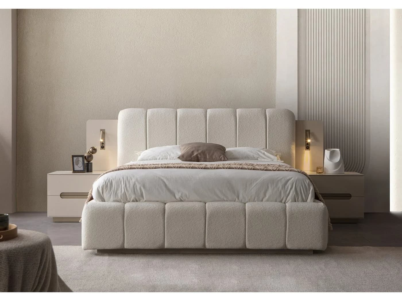 Villa Möbel Schlafzimmer-Set Maldiv Beige Polsterbett mit Beleuchtung
