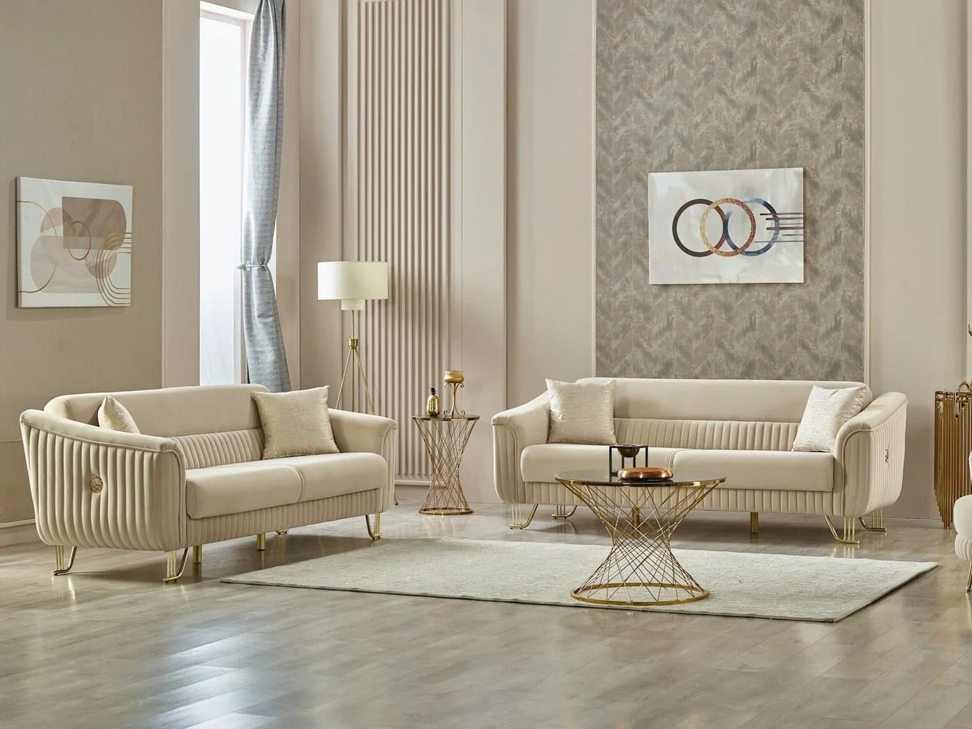Villa Möbel Polstergarnitur Vega Set Creme Mikrofasersamt Goldfüße - Bild 2