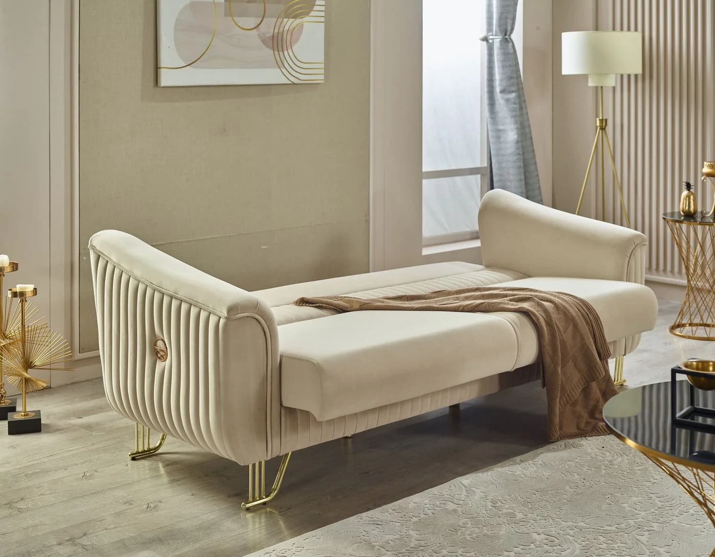Villa Möbel Polstergarnitur Vega Set Creme Mikrofasersamt Goldfüße - Bild 4