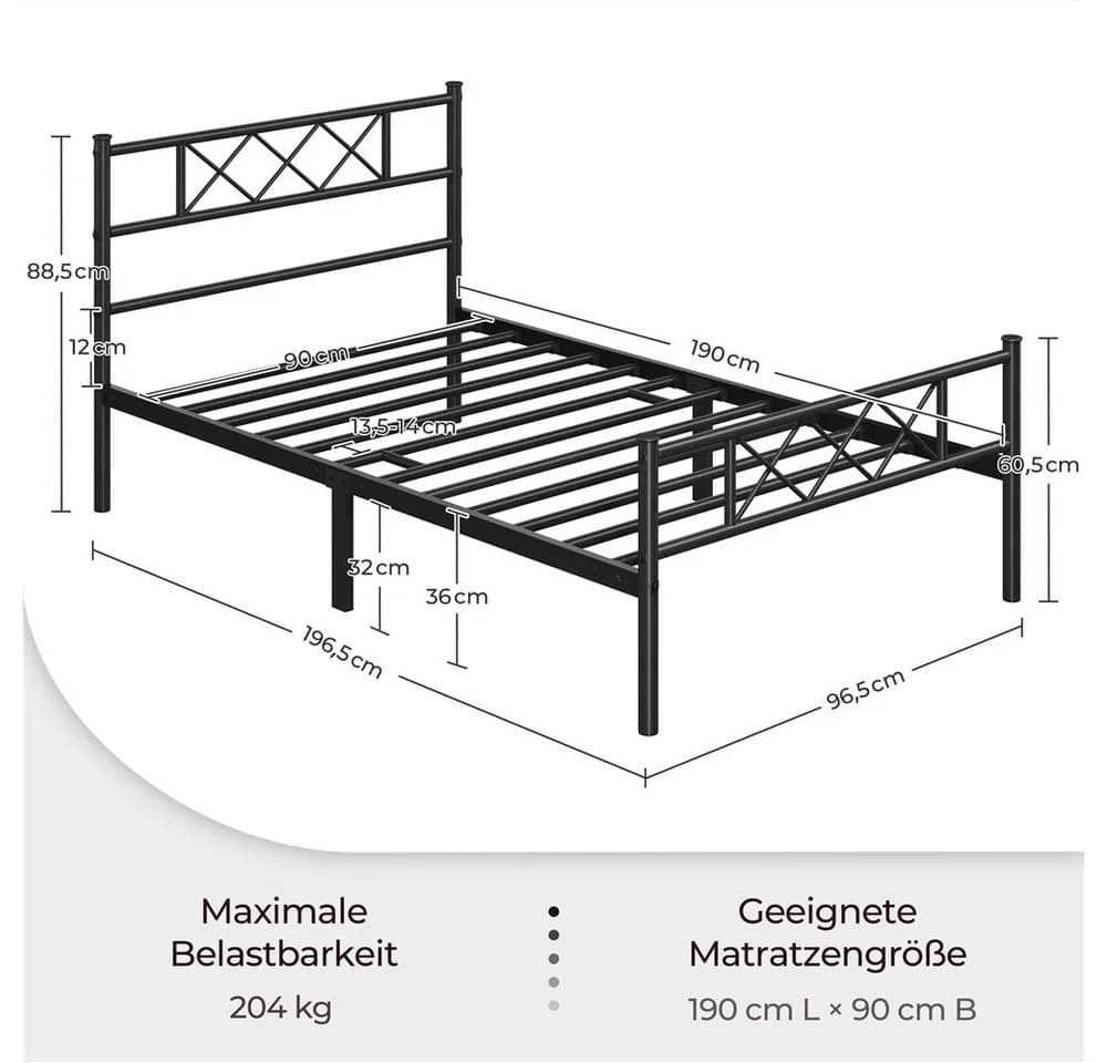 Yaheetech Metallbett mit Lattenrost, Bettrahmen mit Kopfteil, für Schlafzimmer, 90/140 cm (B) - Bild 4