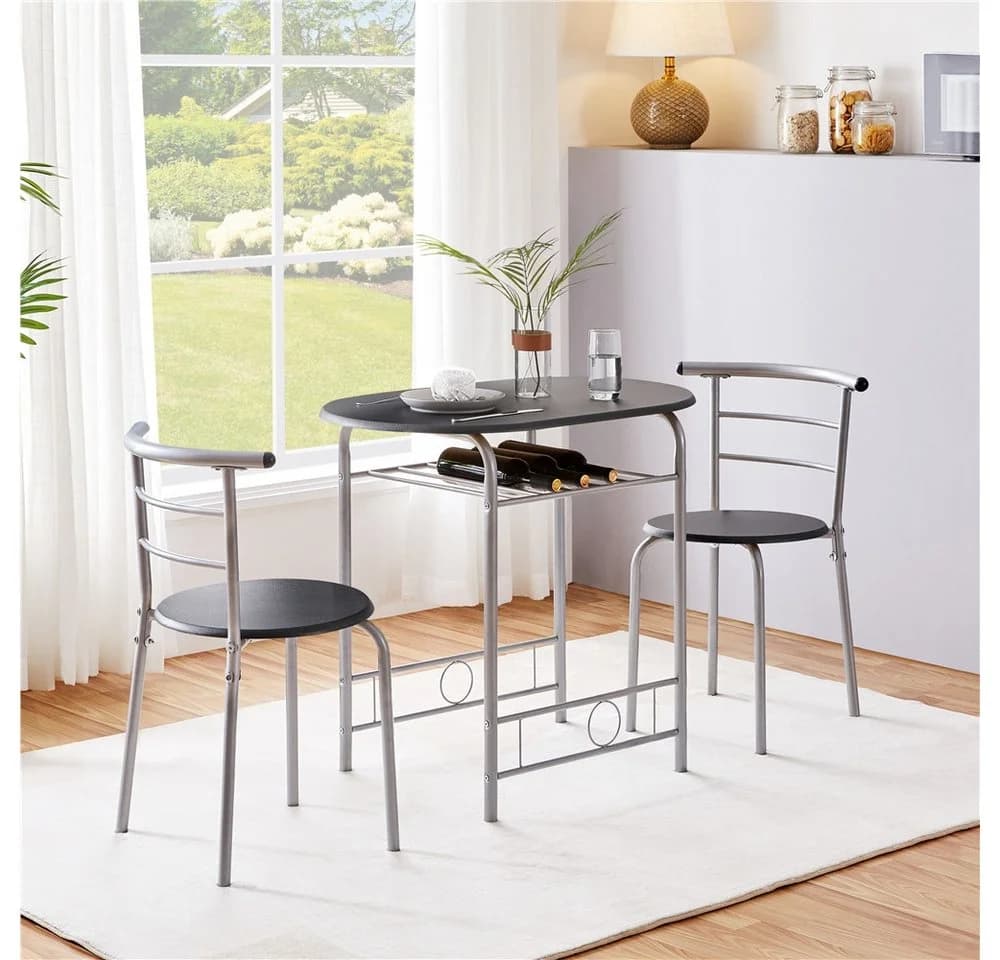 Yaheetech Esszimmer-Set 3-teilig Schwarz mit Ablagefach