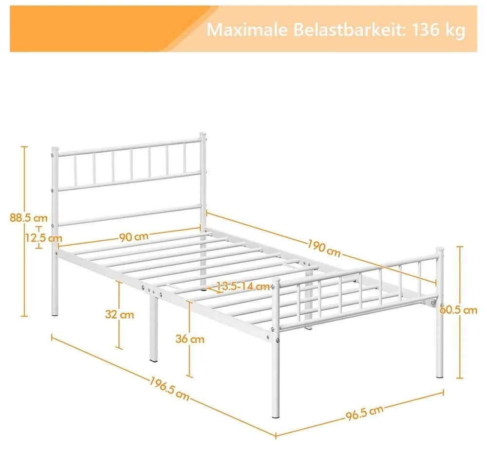 Yaheetech Metallbett Einzelbettgestell Doppelbettgestell Weiß - Bild 3