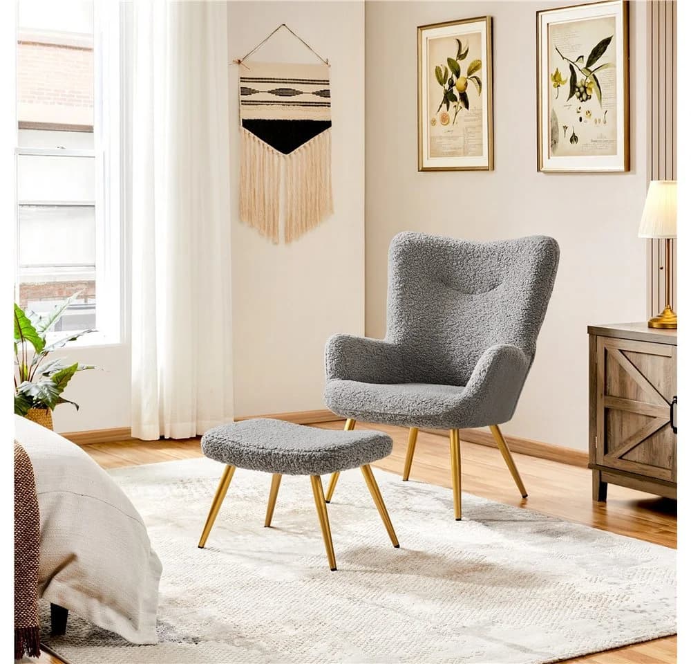 Yaheetech Relaxsessel Ohrensessel mit Hocker Grau Boucle-Gewebe