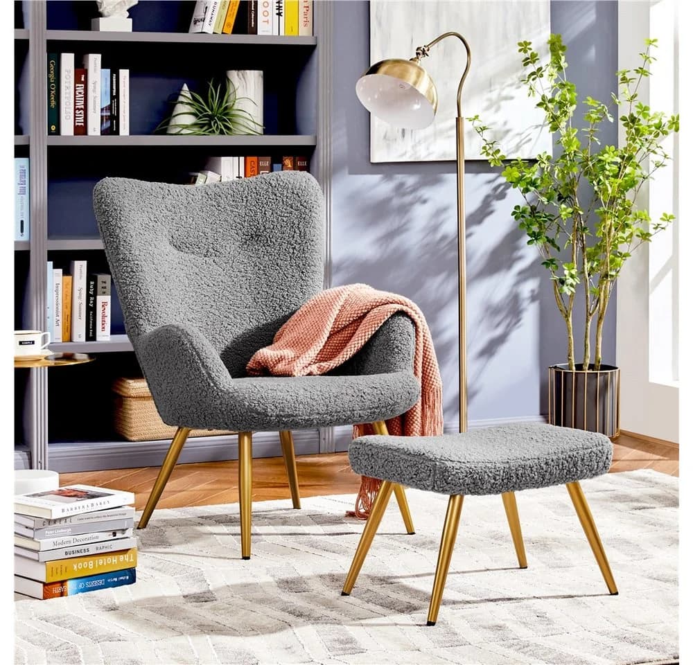 Yaheetech Relaxsessel Ohrensessel mit Hocker Grau Boucle-Gewebe - Bild 3