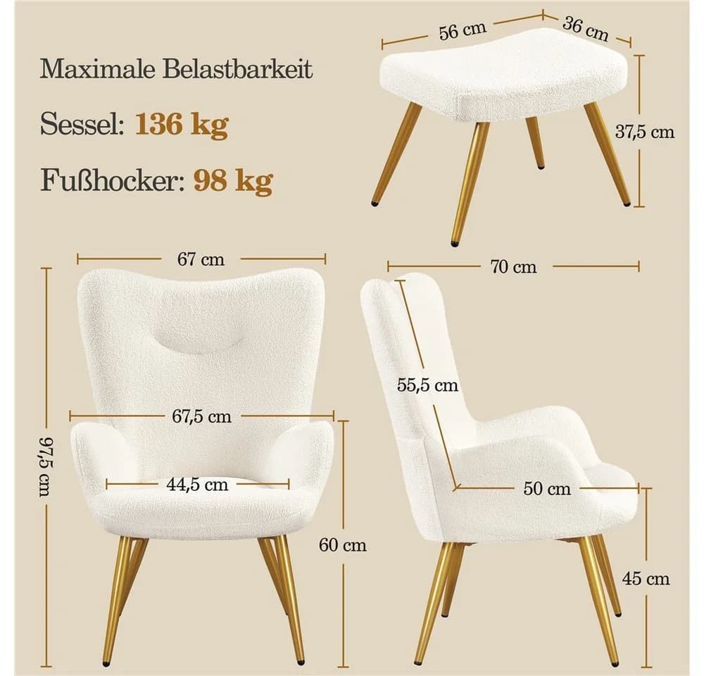 Yaheetech Relaxsessel mit Hocker, Elfenbein, Klappbare Rückenlehne - Bild 4