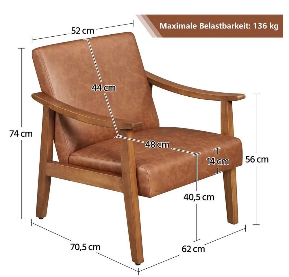 Yaheetech Relaxsessel Retro Loungesessel Kunstleder Hellbraun - Bild 4
