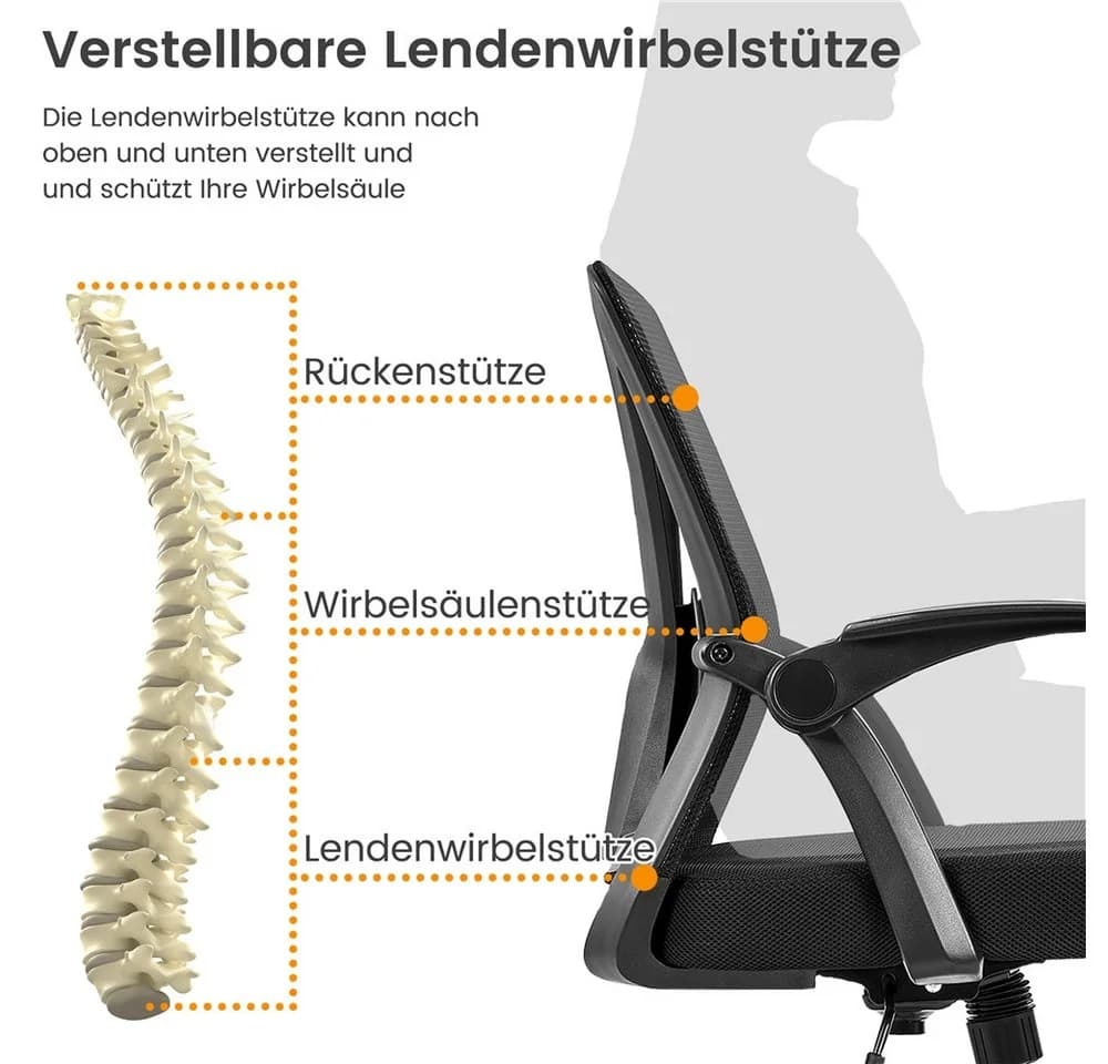 Yaheetech Drehstuhl Höhenverstellbar mit Lendenwirbelstütze & Klapparmlehnen - Bild 5