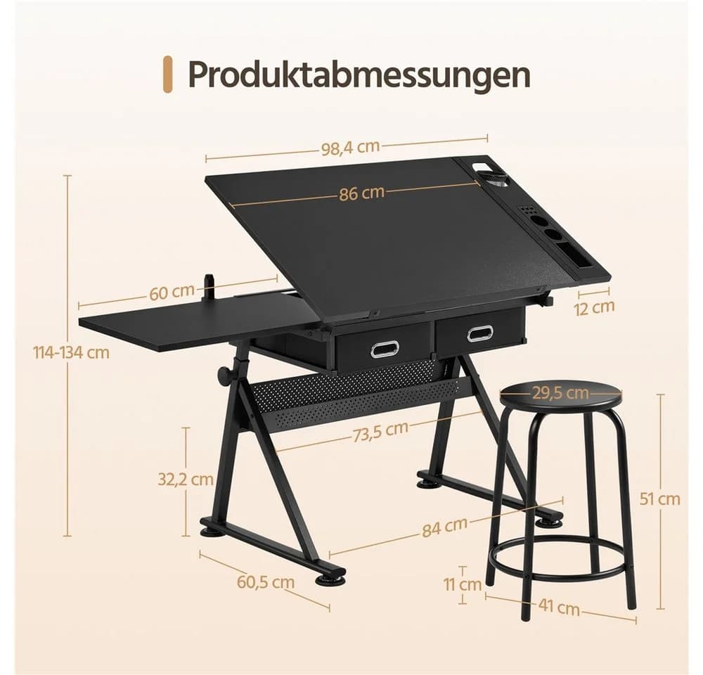 Yaheetech Zeichentisch mit Hocker, verstellbar 0-62,5°, schwarz - Bild 3