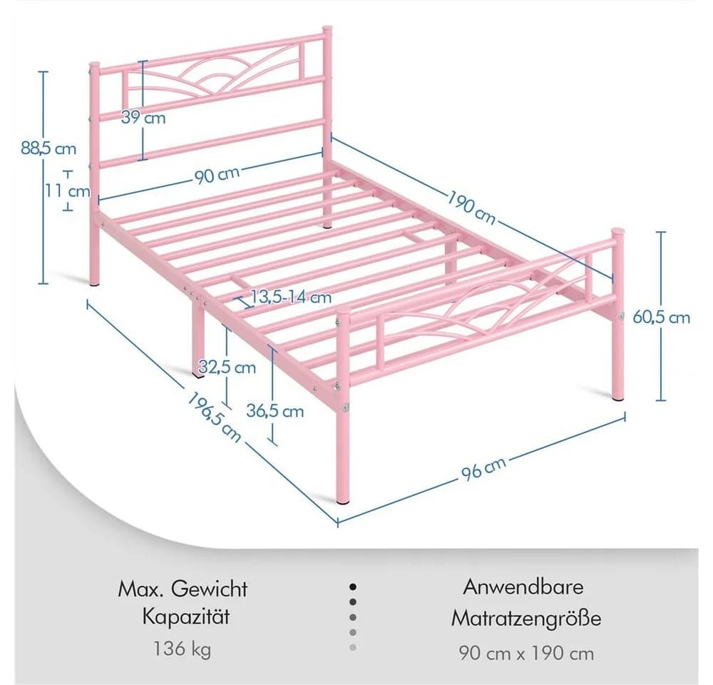 Yaheetech Metallbettgestell mit Kopfteil Rosa Modern - Bild 4