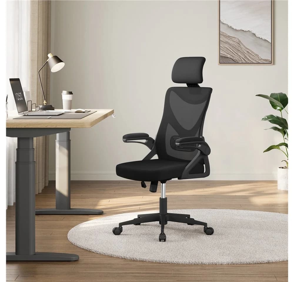 Yaheetech Bürostuhl Schwarz Ergonomisch mit Verstellbarer Kopfstütze