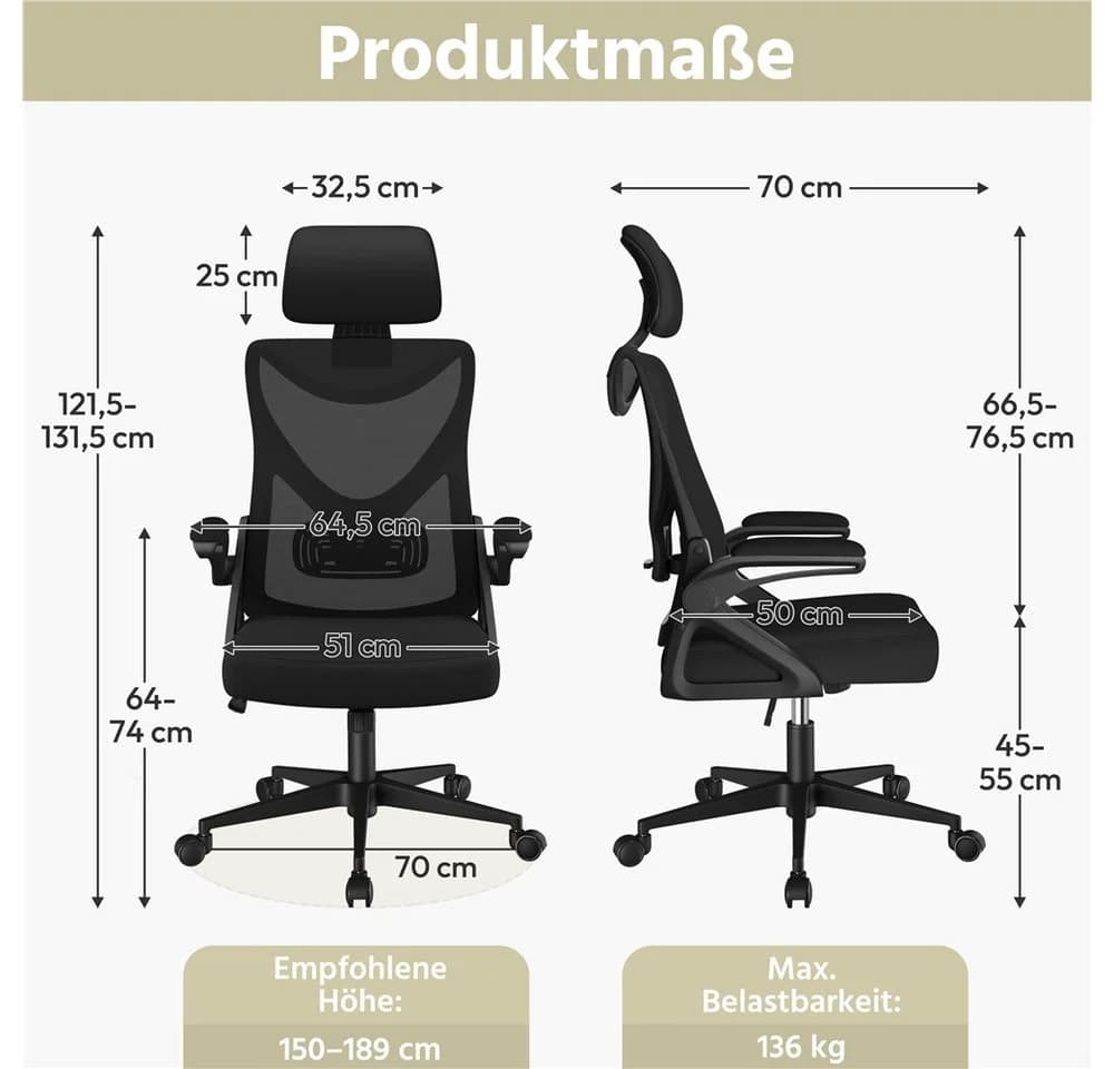 Yaheetech Bürostuhl Schwarz Ergonomisch mit Verstellbarer Kopfstütze - Bild 4