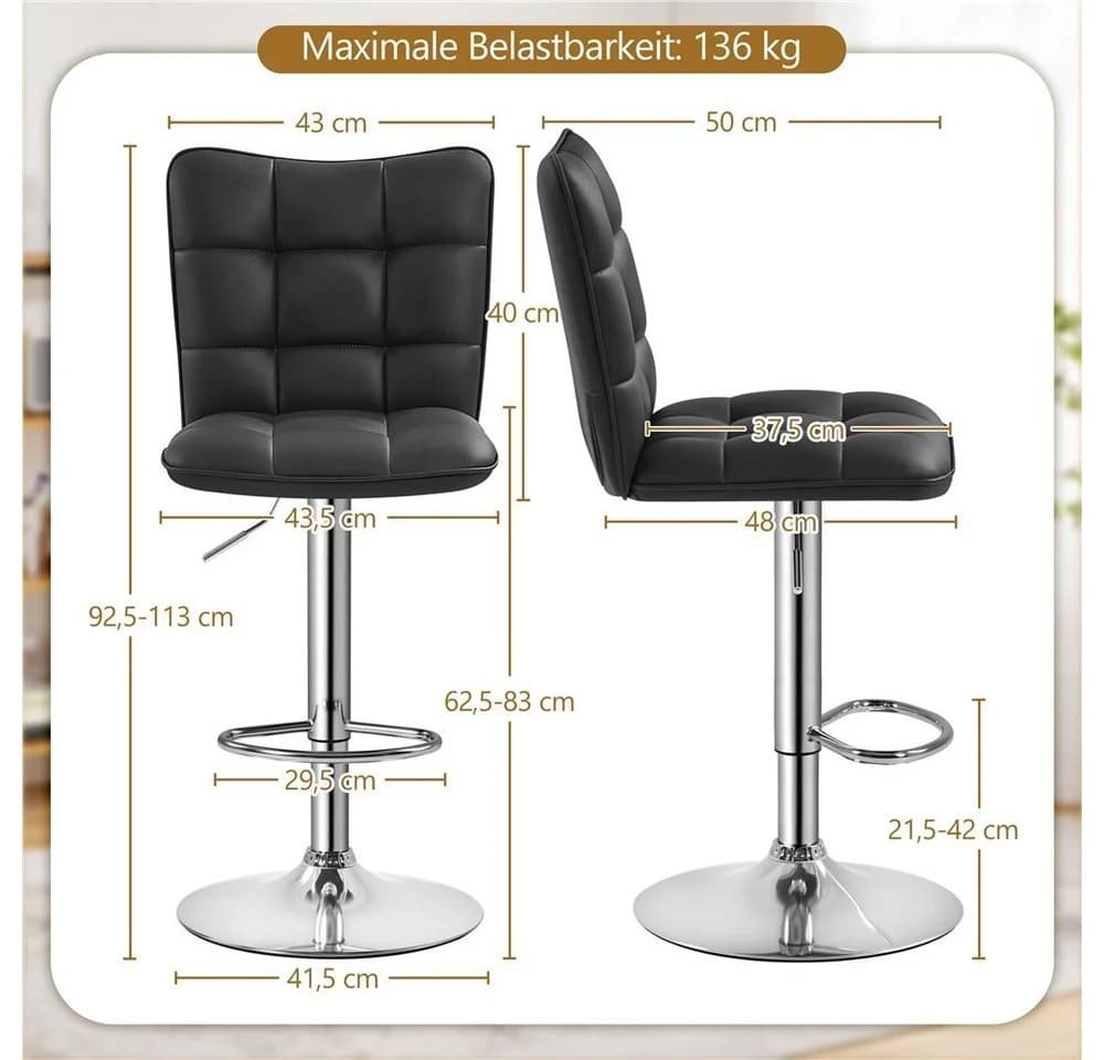 Yaheetech Barhocker Set 2 Stk Schwarz Höhenverstellbar Drehbar - Bild 5