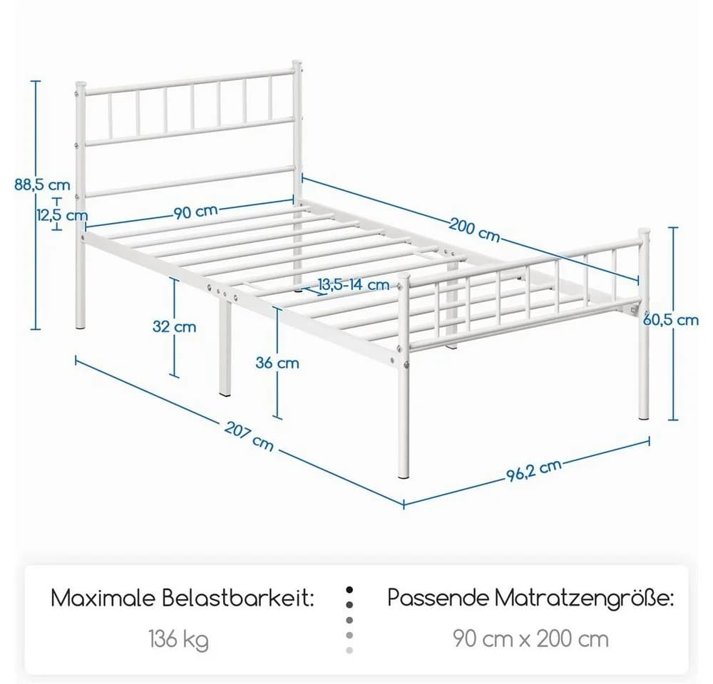 Yaheetech Metallbett Einzelbettgestell Doppelbettgestell Weiß - Bild 5