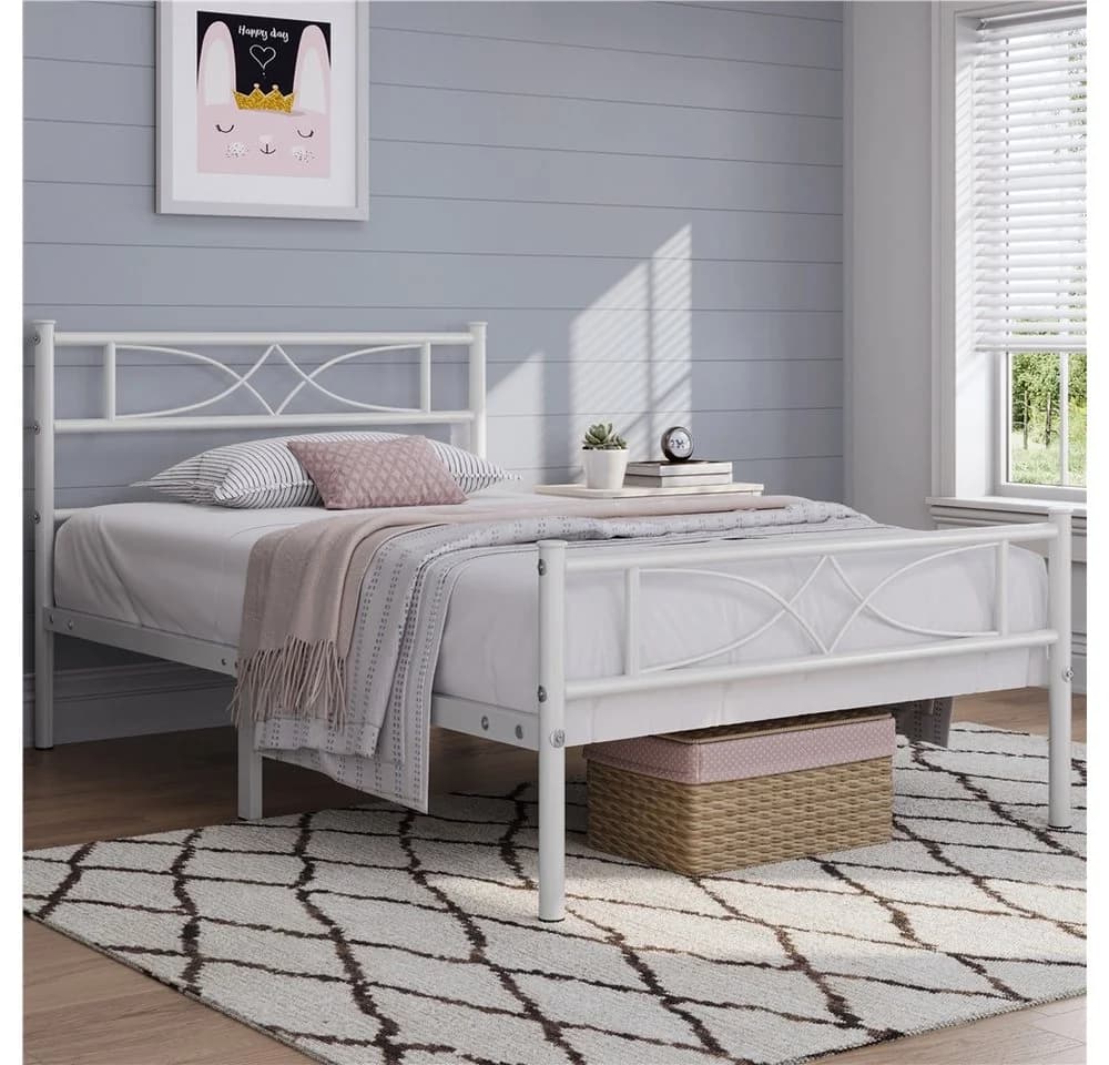 Yaheetech Metallbett Weiß mit Kopfteil und Lattenrost 200x90 cm