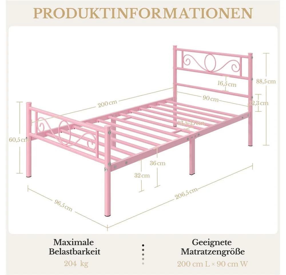 Yaheetech Metallbett mit Kopfteil, Einzelbett/Doppelbett Metallbettrahmen, 90-160 cm (B) - Bild 4